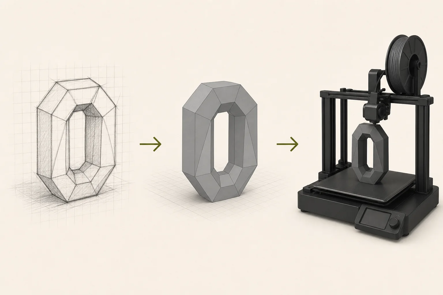 Decoratieve illustratie van schets naar 3D-model naar printer