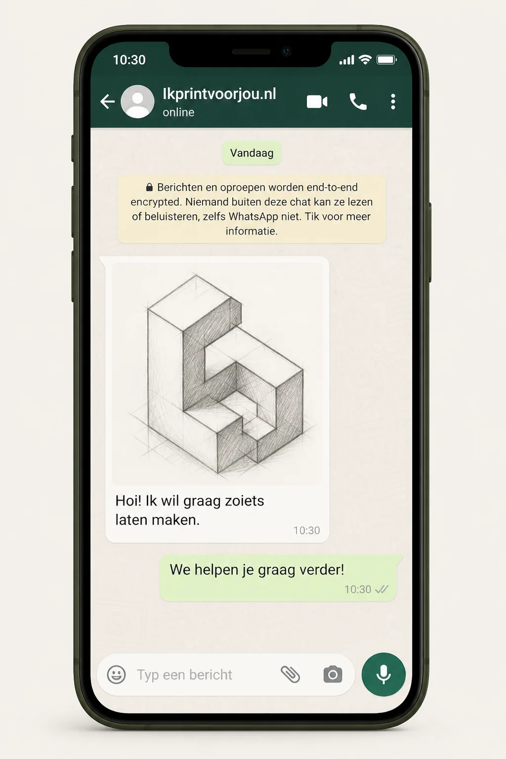 Decoratieve weergave van een WhatsApp-gesprek over een 3D-printidee